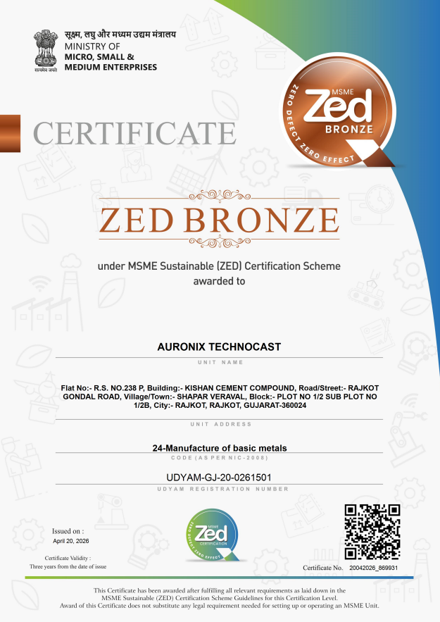 MSME ZED Bronze Certificate - Auronix Technocast